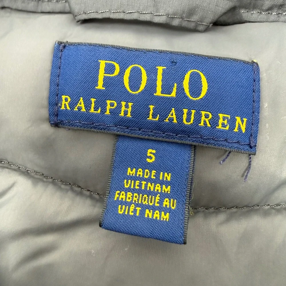 Polo Ralph Lauren Boys Size 5 Grey Quilted Puffer Jacket Full Zip Mock Neck Logo